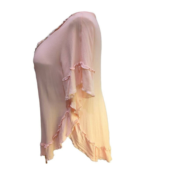 Azara Paris Womens Pink Gauze Beaded Beach Tunic Batwing Sleeve Ruffle Lagenlook - Picture 4 of 8